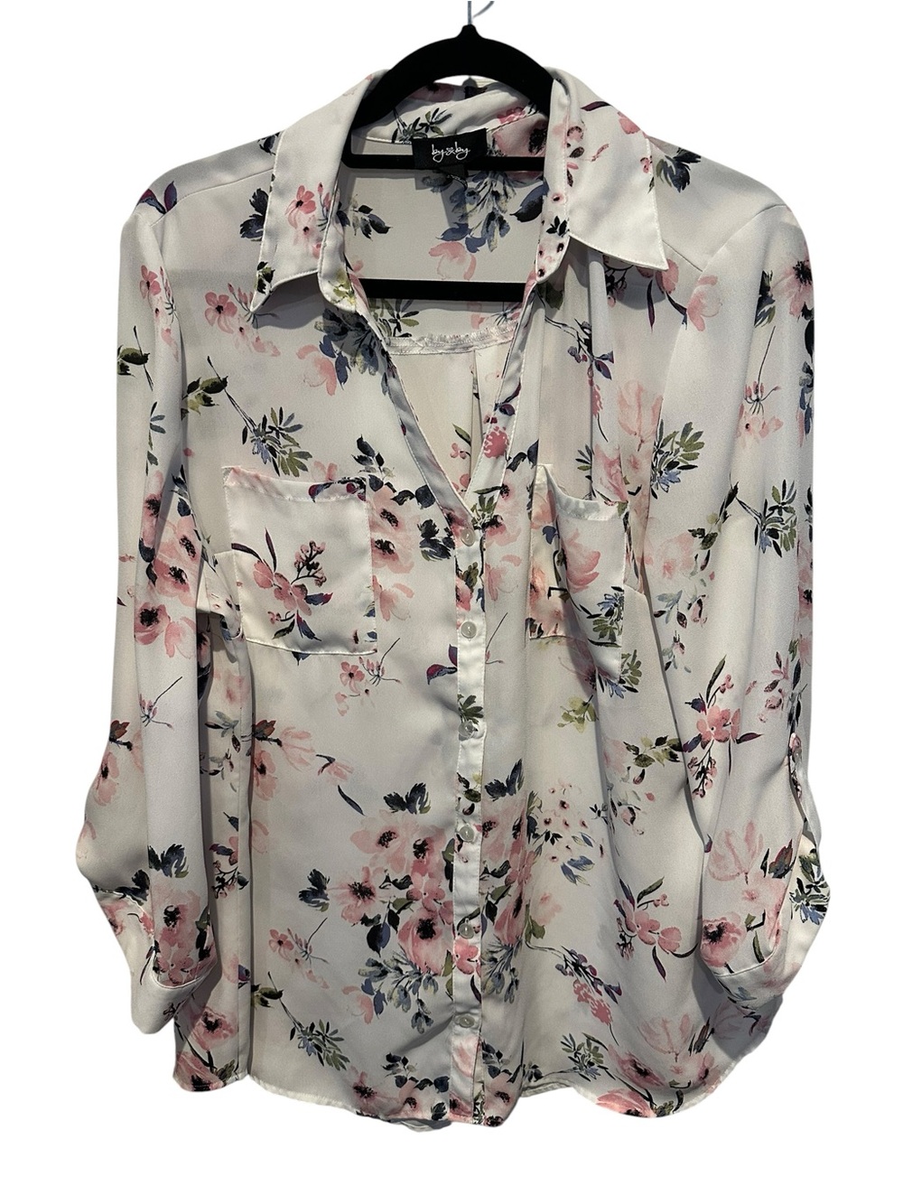 by & by Juniors White Floral Button-Up Semi Sheer Blouse in a XXL